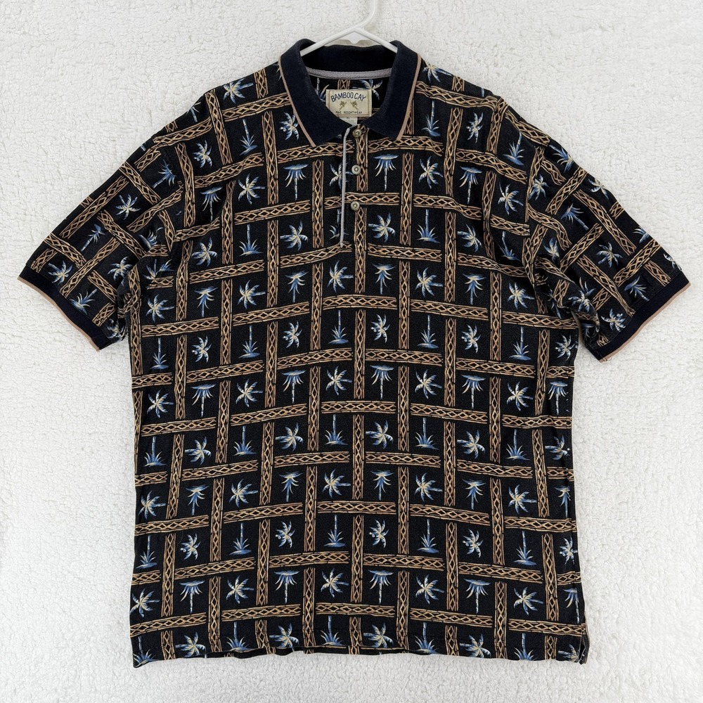 Bamboo Cay Polo Shirt Mens XL Black Palm Tree Tropical‎ Knit Resortwear Casual